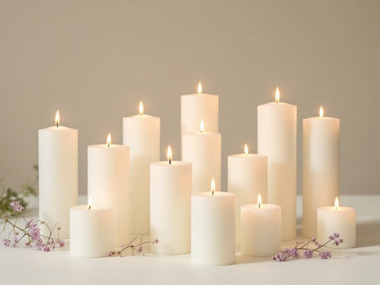 Multiple lit white soy candles arranged in an elegant grouping, creating a peaceful atmosphere with warm, glowing flames against a neutral background - representing aromatherapy and mental wellness benefits