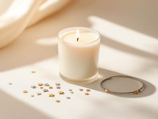Elegant white soy candle burning beside scattered charm bracelet pieces, representing our hidden jewelry surprise