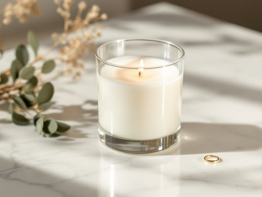 Sustainable luxury soy candle with hidden jewelry, elegant setting with natural elements and soft lighting