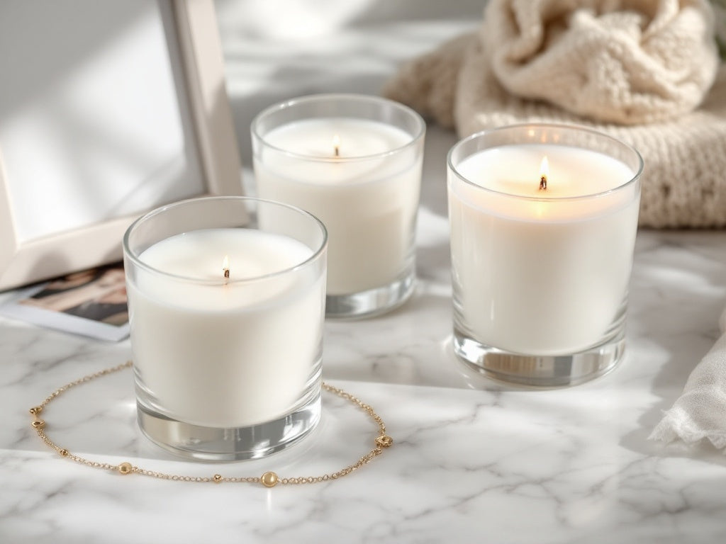 Three elegant white soy candles in clear glass vessels on marble surface with subtle jewelry accent, showcasing premium customizable designs