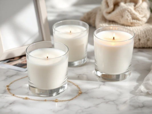 Three elegant white soy candles in clear glass vessels on marble surface with subtle jewelry accent, showcasing premium customizable designs