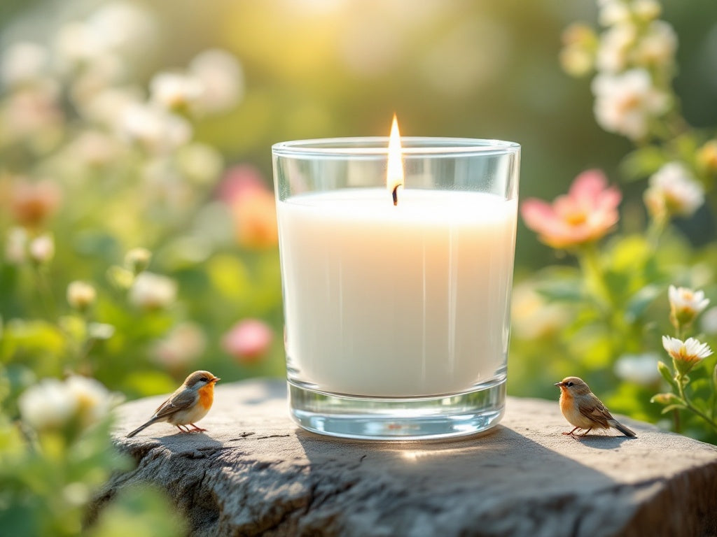 Premium unlabeled soy candle in outdoor spring setting with delicate butterflies and birds, showcasing customization potential