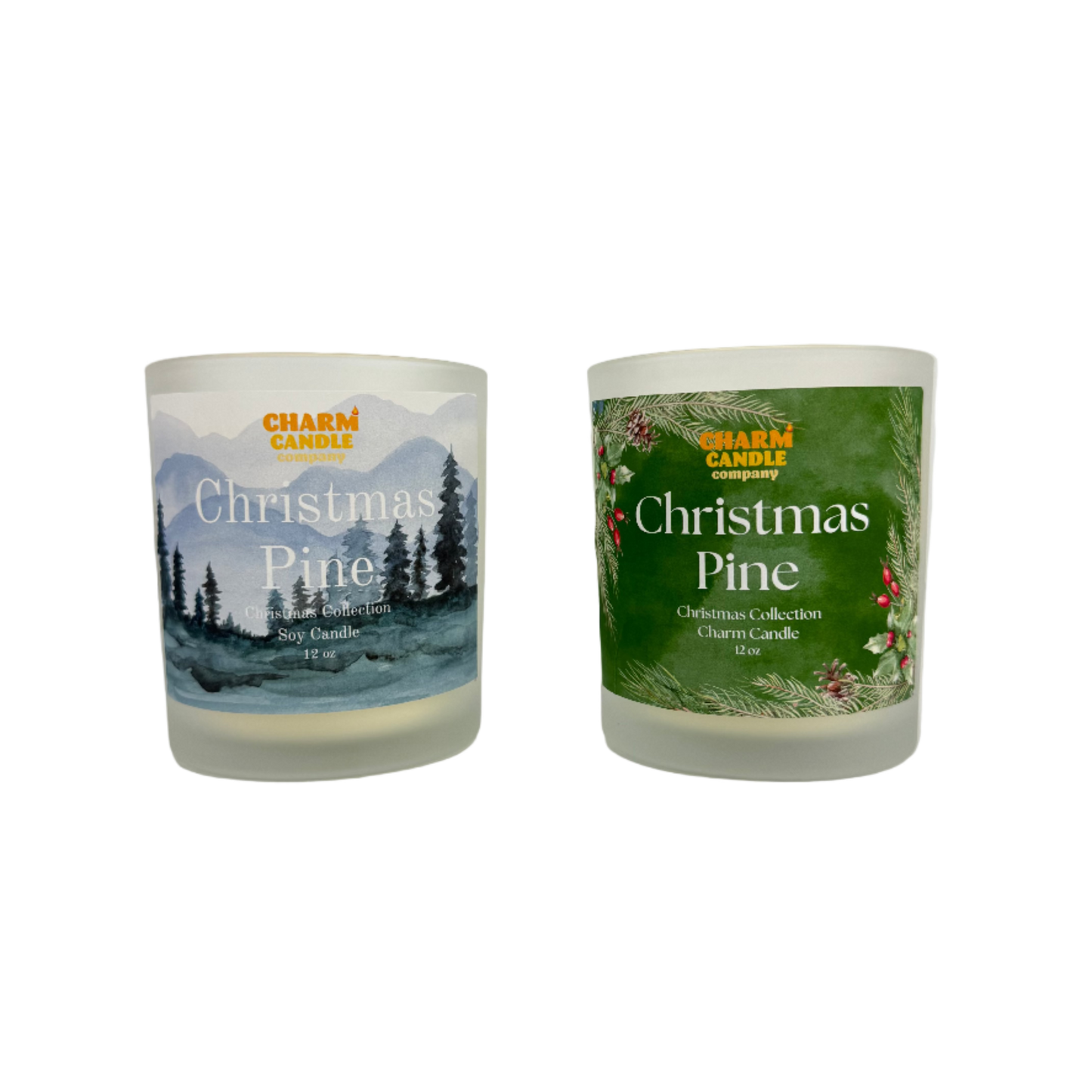 Two Christmas Pine candles with labels on a white background
