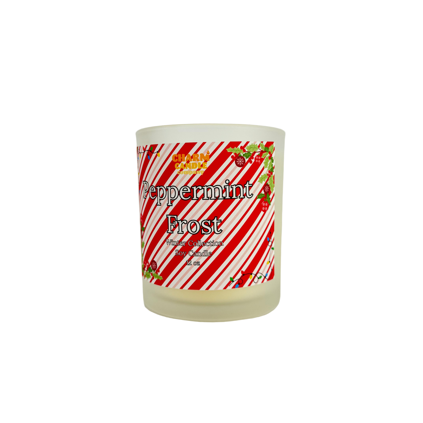 Soy candle with 'Peppermint Frost' label on a white background