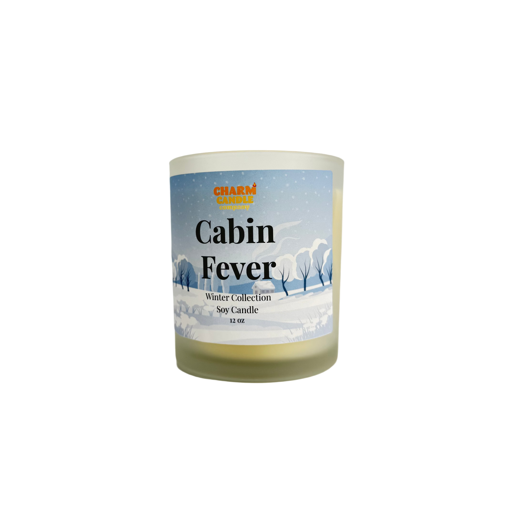 Soy candle labeled 'Cabin Fever' from the Winter Collection on a white background