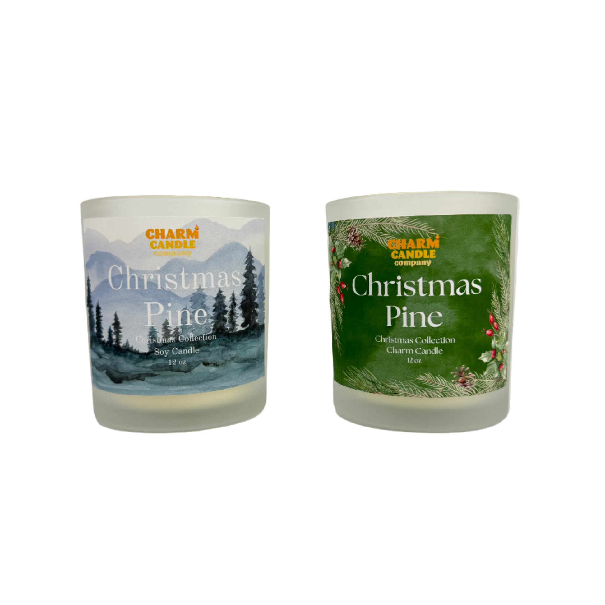Two Christmas Pine candles with labels on a white background