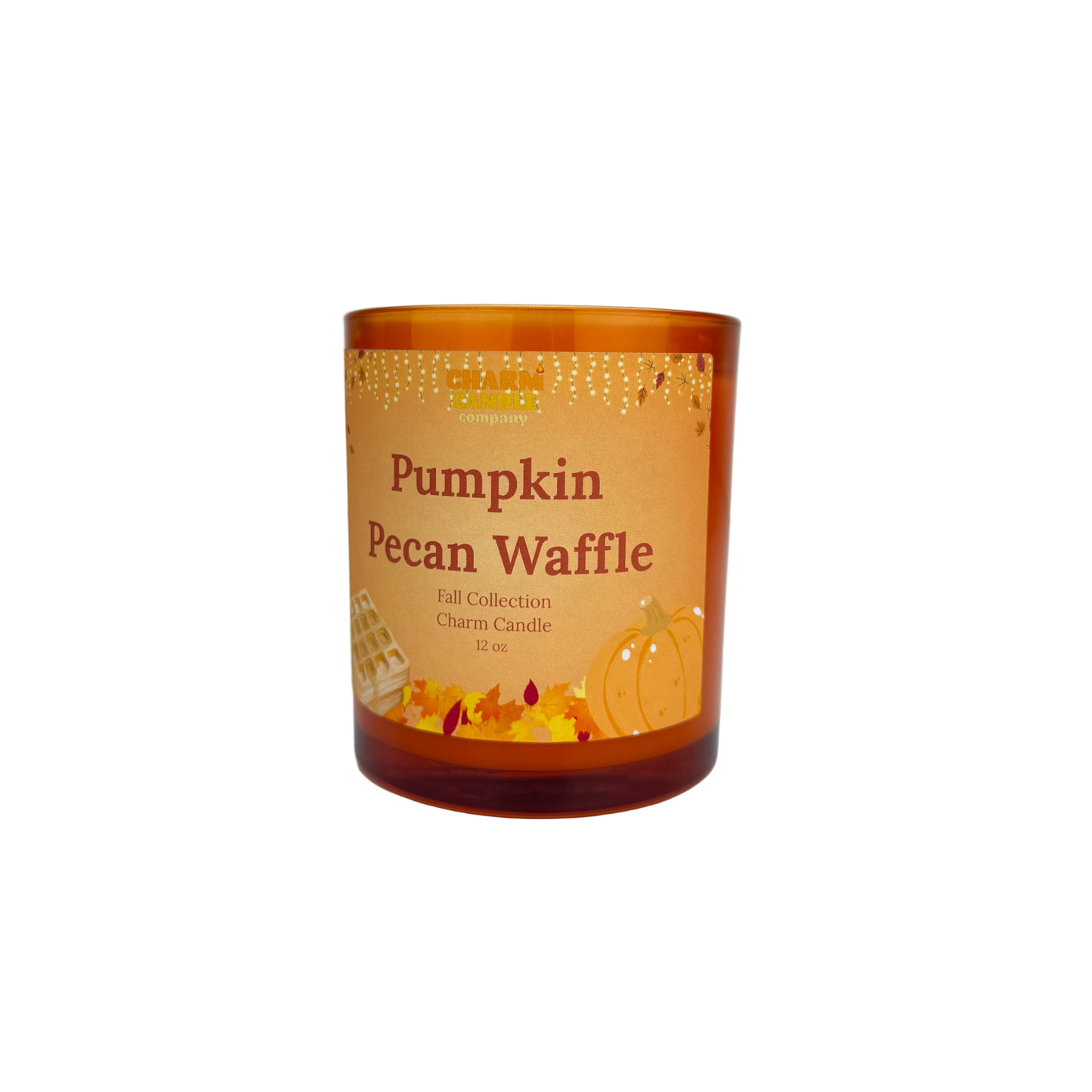 Candle with 'Pumpkin Pecan Waffle' label on a white background