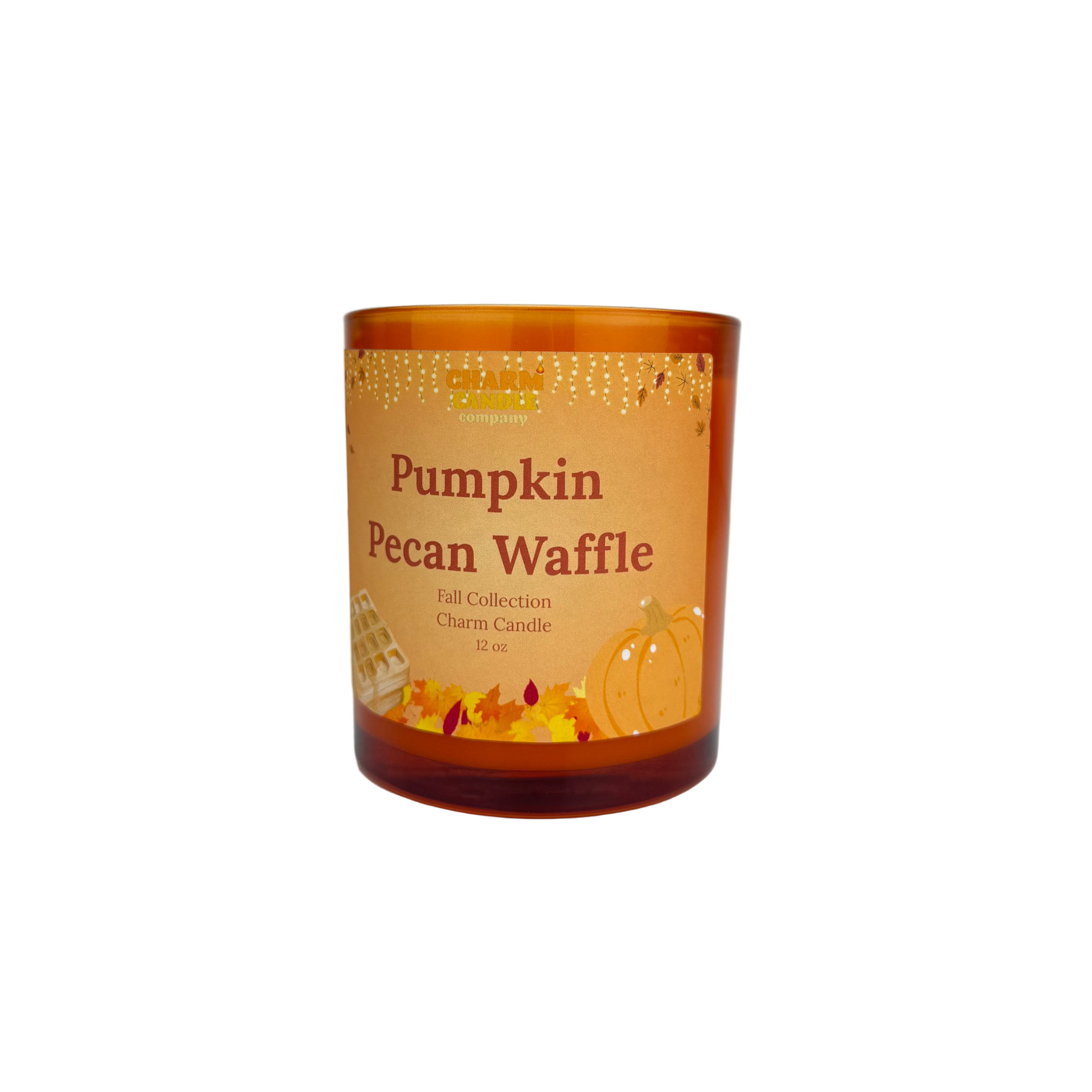 Candle with 'Pumpkin Pecan Waffle' label on a white background