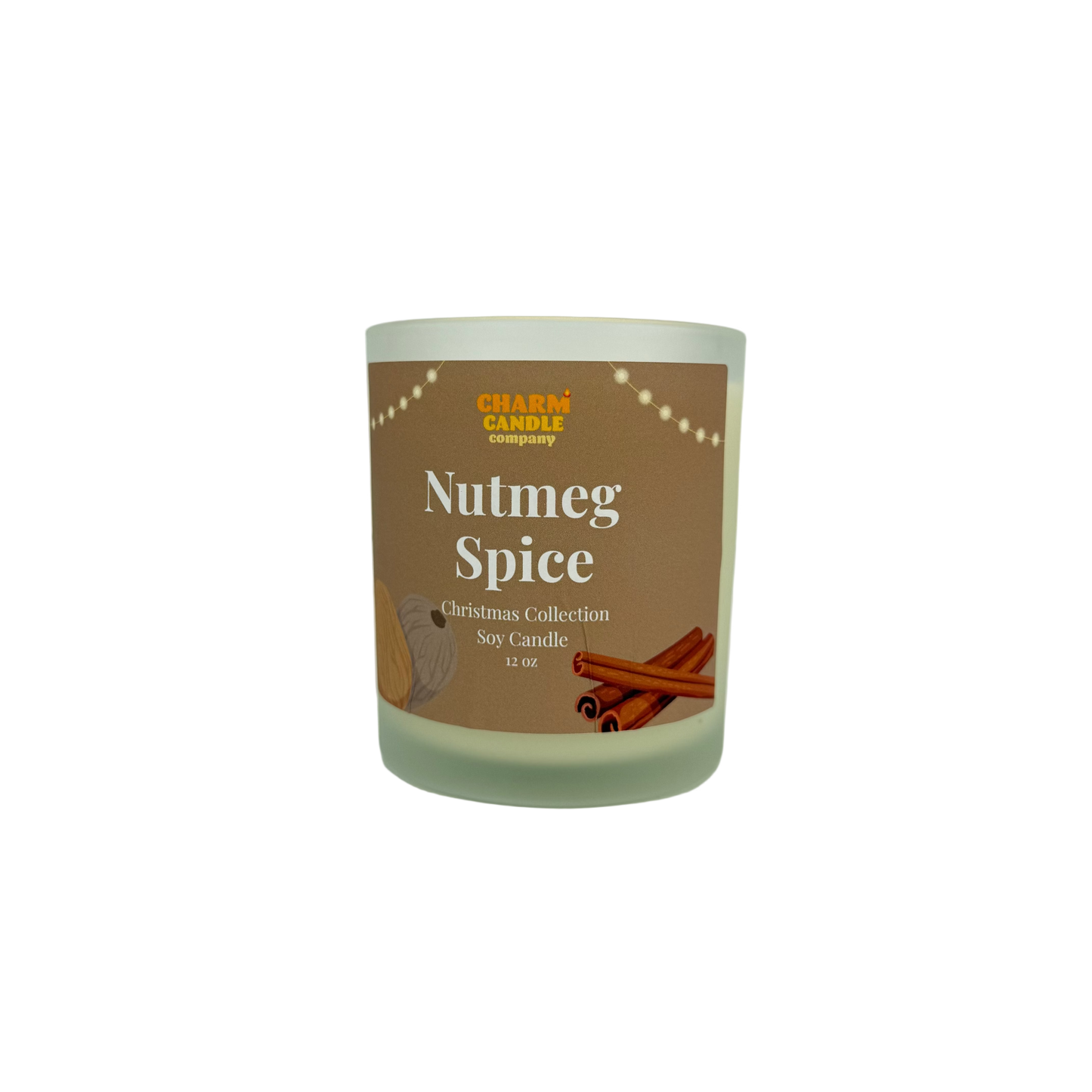 Candle with 'Nutmeg Spice' label on a white background