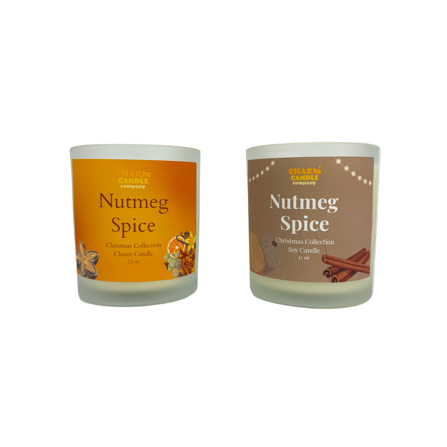 Two 'Nutmeg Spice' candles with different label designs on a white background