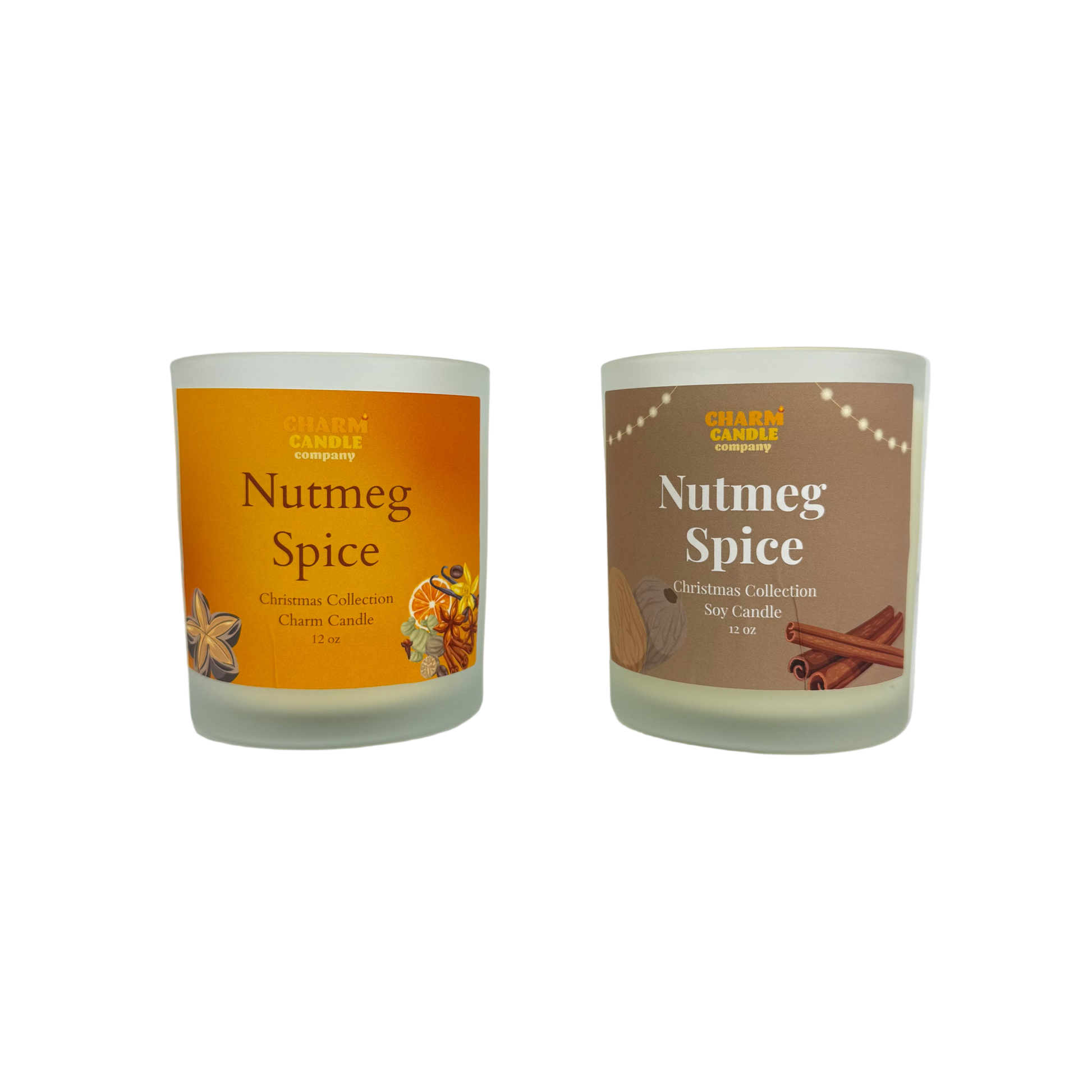 Two 'Nutmeg Spice' candles with different label designs on a white background
