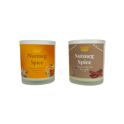 Two 'Nutmeg Spice' candles with different label designs on a white background