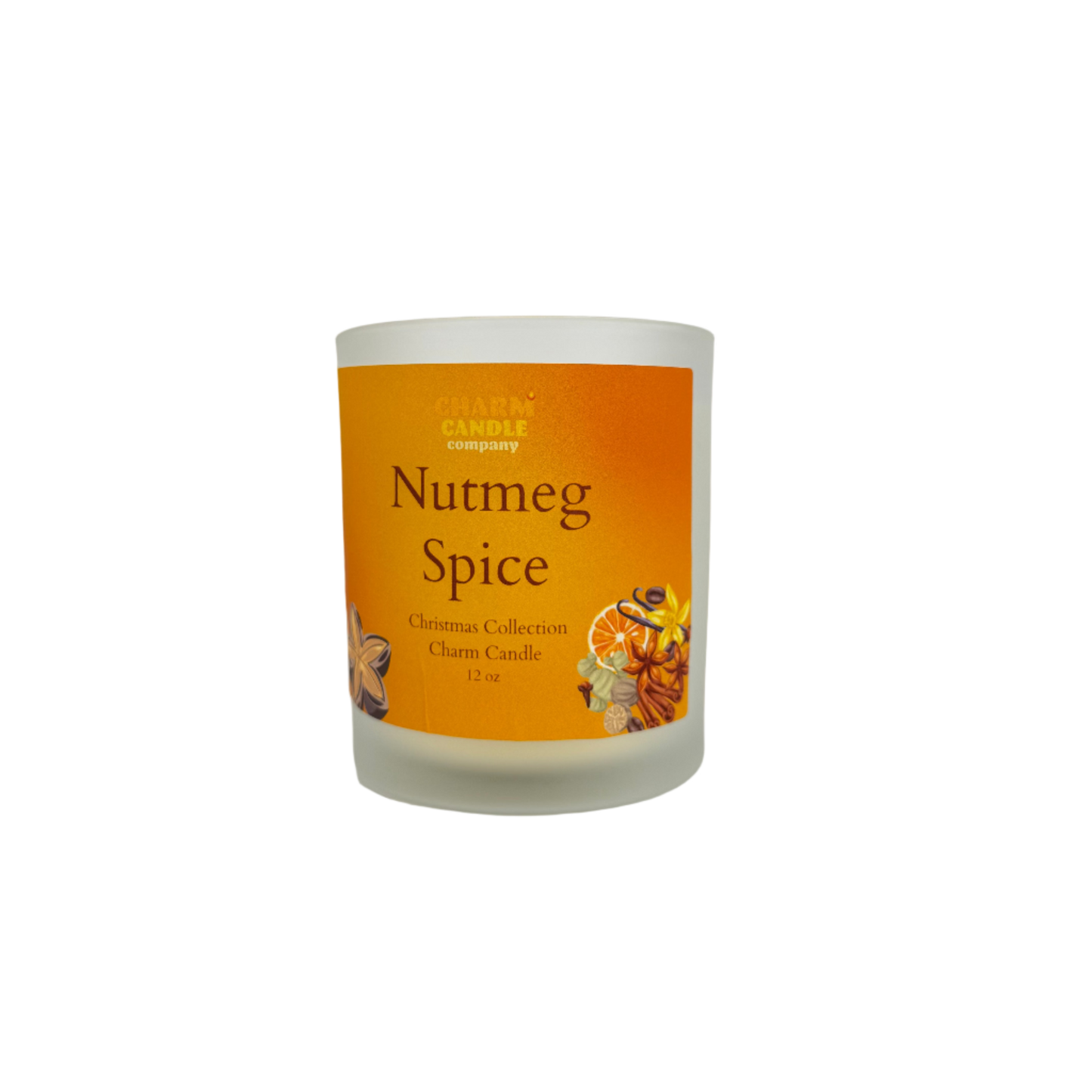 Candle with an orange label on a white background