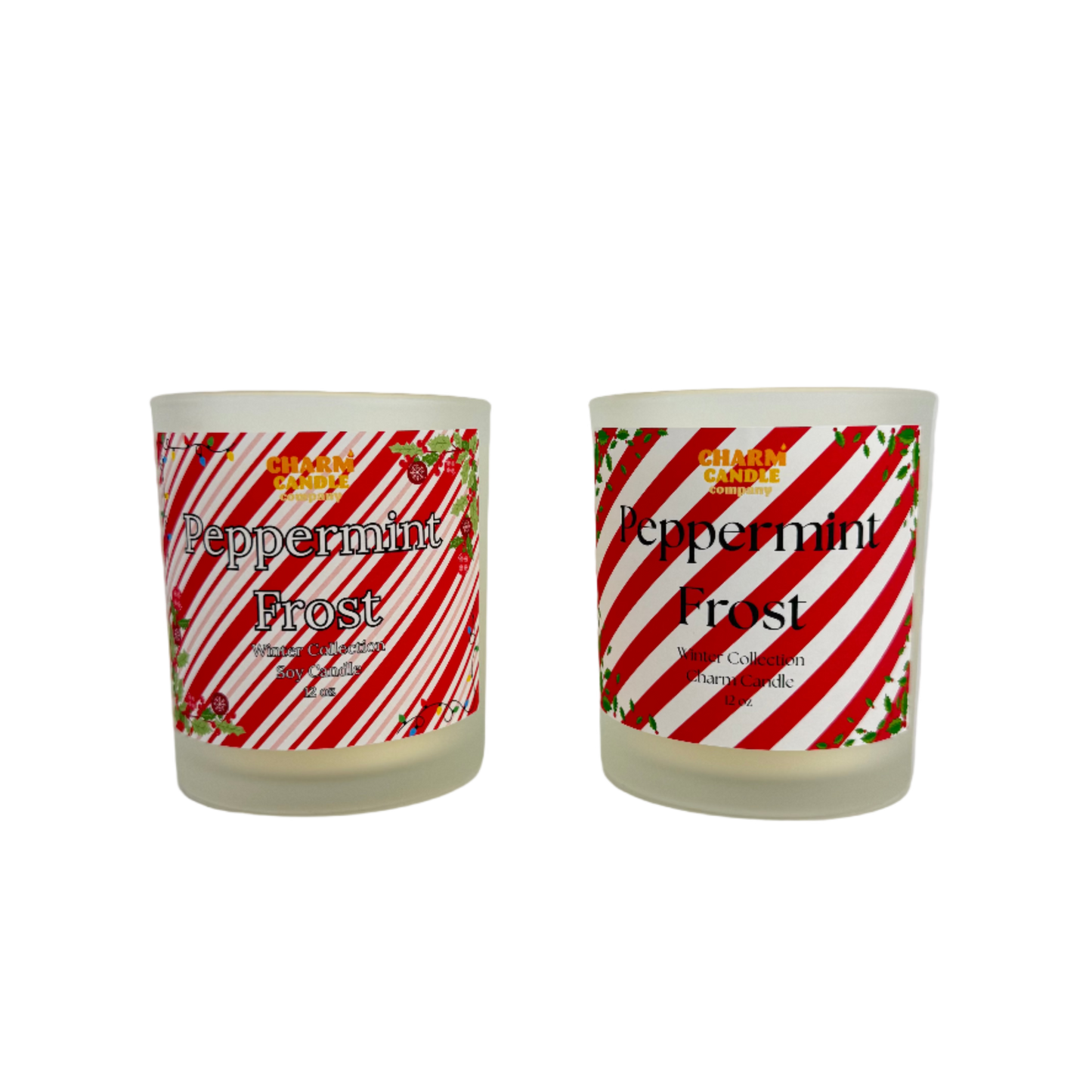 Two 'Peppermint Frost' candles with candy cane design labels on a white background