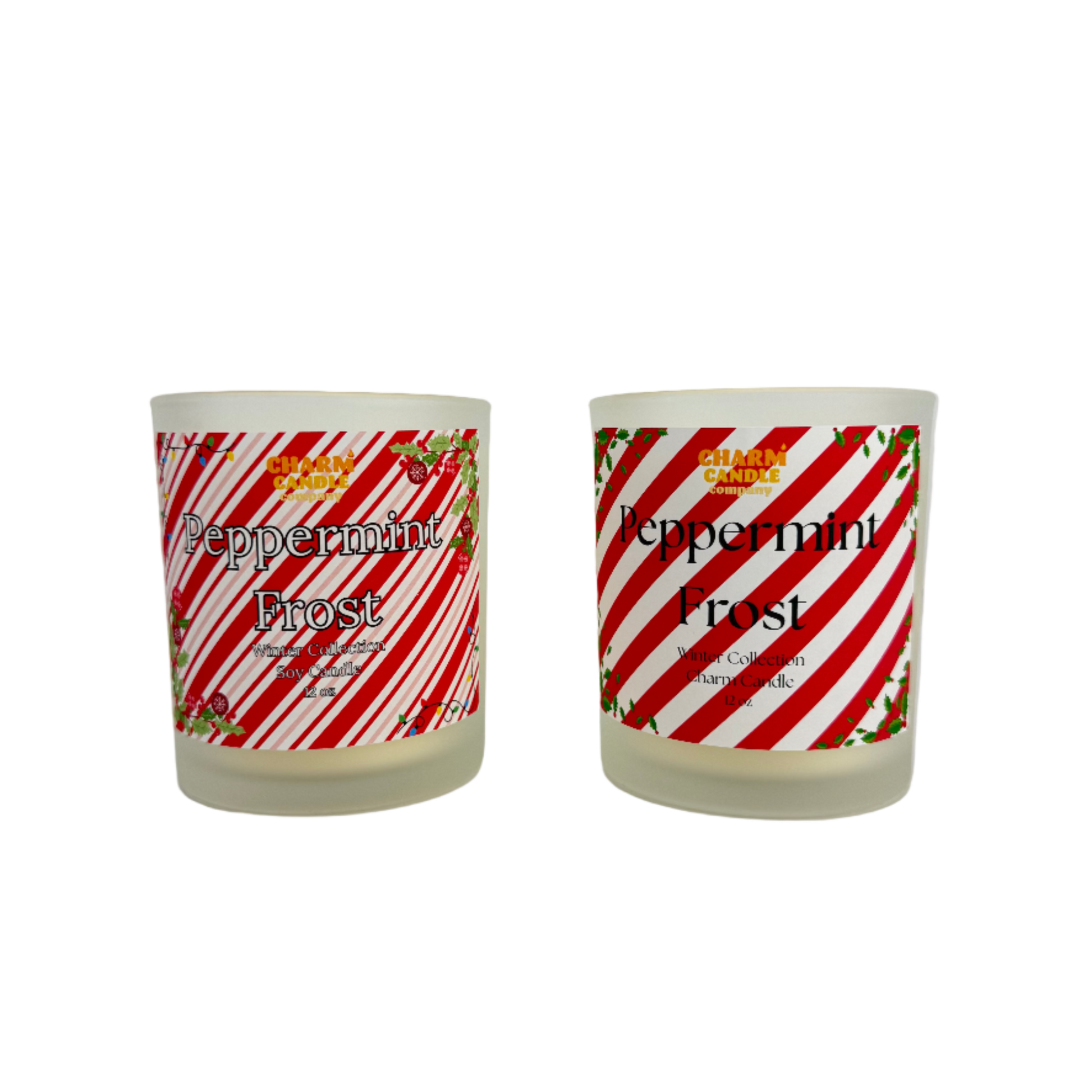Two 'Peppermint Frost' candles with candy cane design labels on a white background