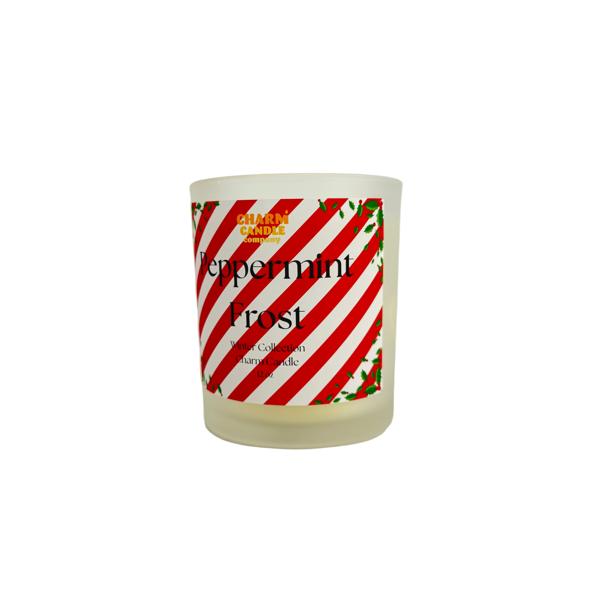 Candle with a peppermint-themed label on a white background