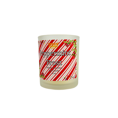 Soy candle with 'Peppermint Frost' label on a white background